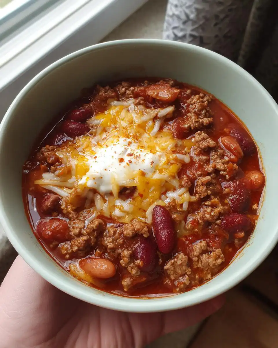 A close-up of a bowl of hearty easy homemade chili, topped with melted cheese and a dollop of sour cream.