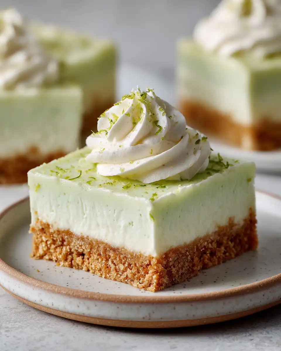 A close-up of an Easy Key Lime Pie Bar topped with whipped cream and lime zest.