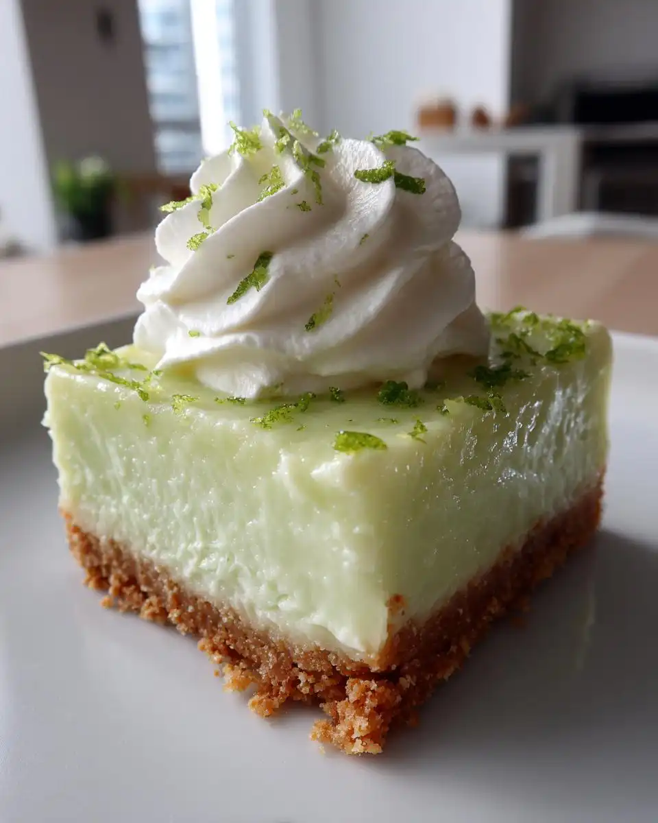 A close-up of an Easy Key Lime Pie Bar topped with whipped cream and lime zest.
