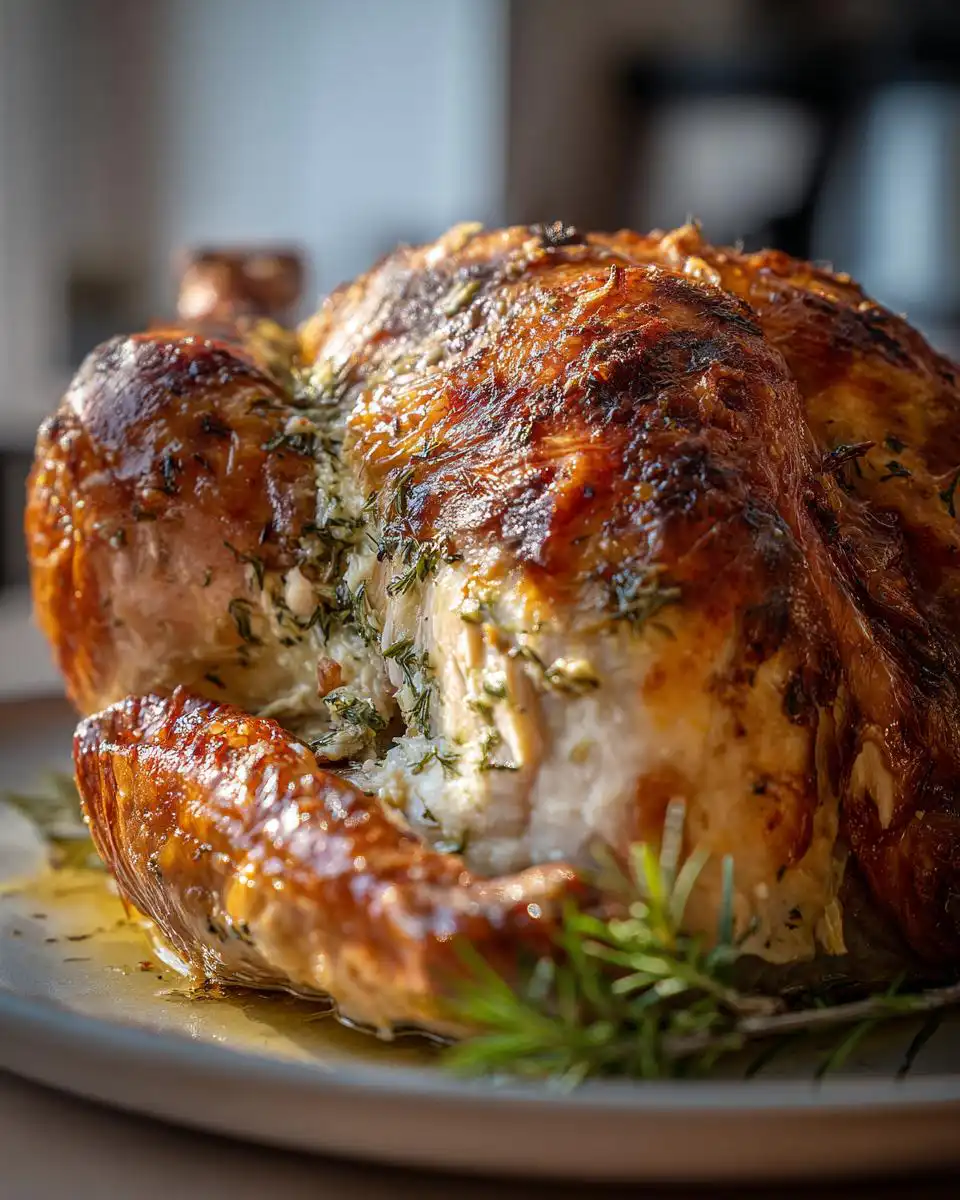 A golden-brown, juicy roasted turkey with herbs stuffed inside, ready to serve. This is an easy roasted turkey recipe.