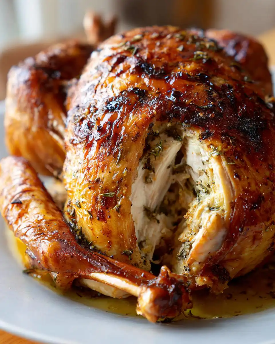A golden-brown, juicy roasted turkey with herbs, ready to be carved. This is an easy roasted turkey recipe.