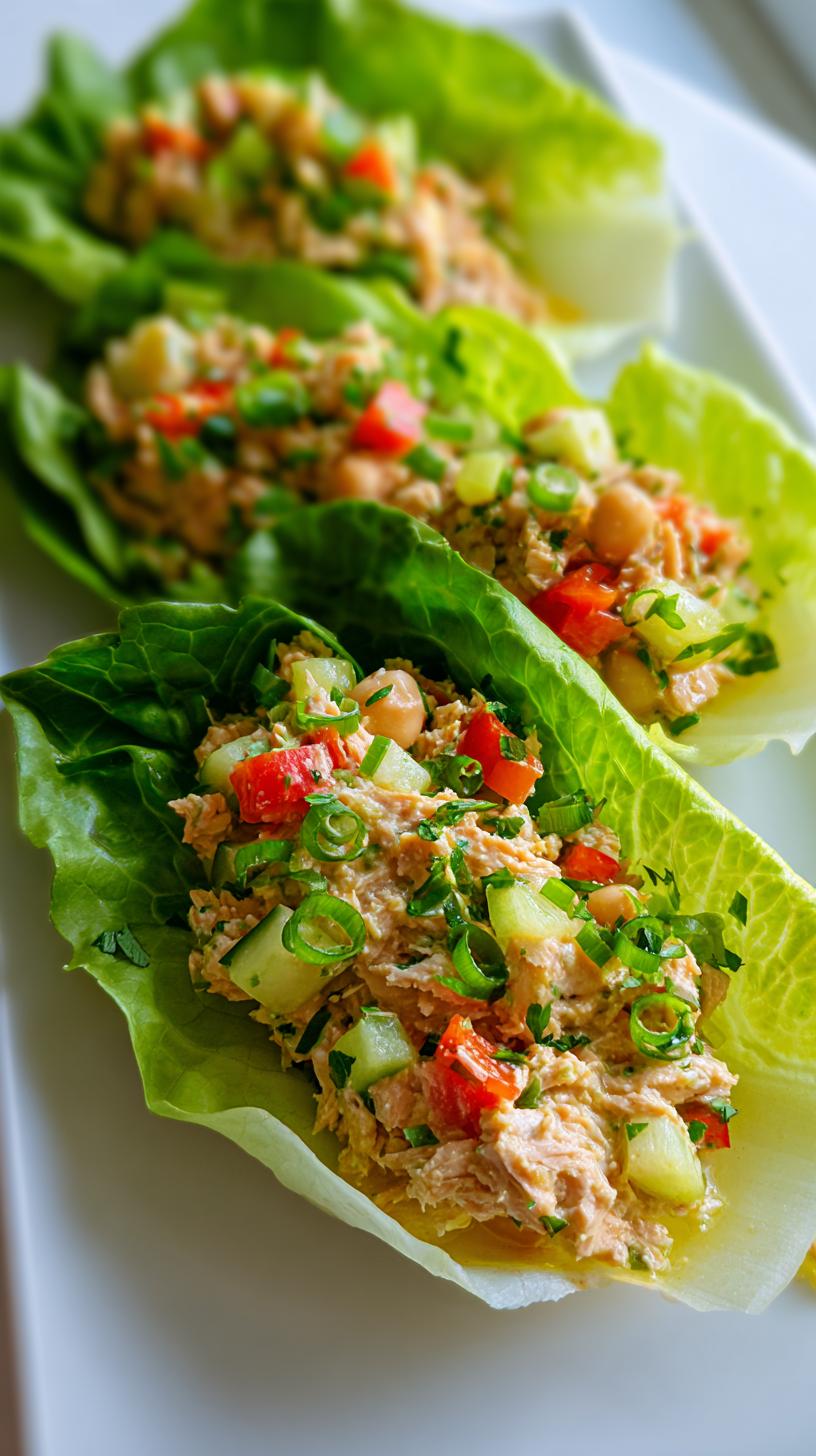 Close-up of Easy Tuna Lettuce Wraps filled with tuna salad, cucumber, tomato, and green onions.