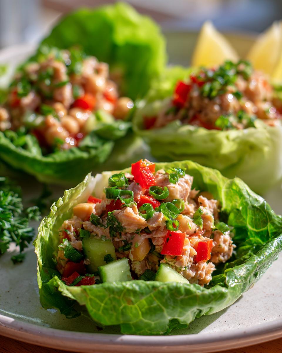 Close-up of Easy Tuna Lettuce Wraps filled with tuna salad, chickpeas, red peppers, and cucumber, garnished with green onions.