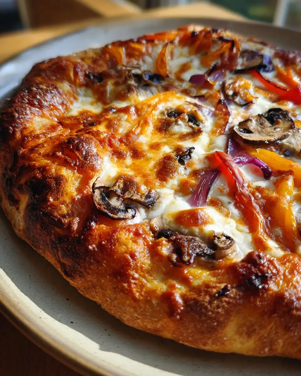 Close-up of a delicious Easy Weeknight Sourdough Pizza topped with melted cheese, mushrooms, red onion, and bell peppers.