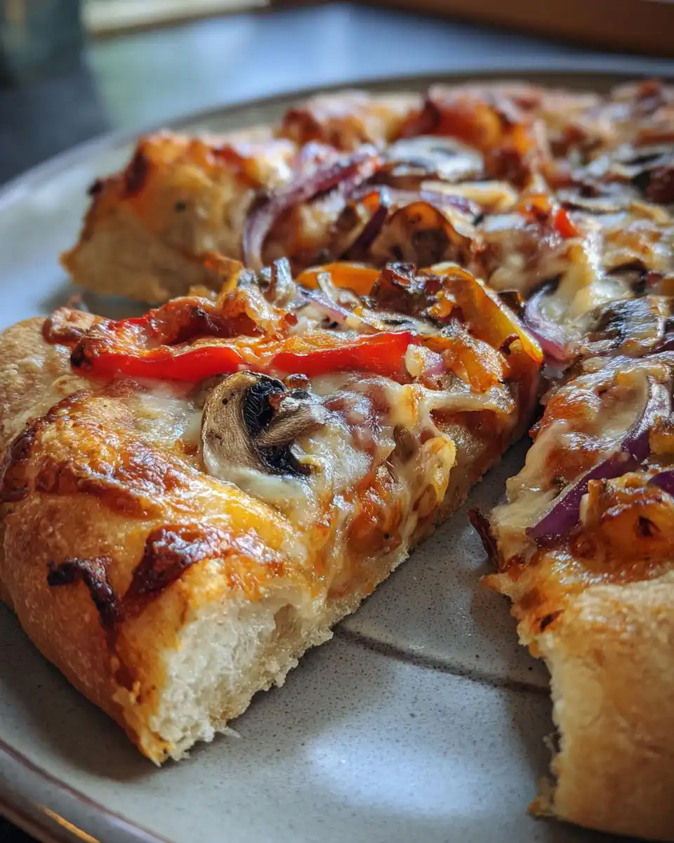 Close-up of a slice of Easy Weeknight Sourdough Pizza topped with mushrooms, red onion, and bell peppers.