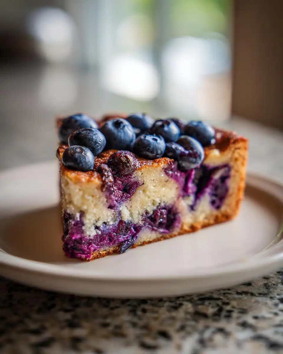 A slice of flourless cottage cheese blueberry cake topped with fresh blueberries.