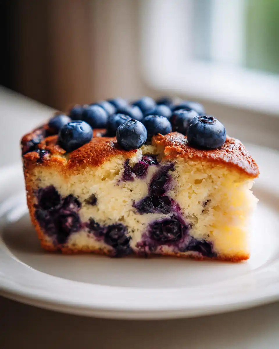 A slice of delicious flourless cottage cheese blueberry cake topped with fresh blueberries.