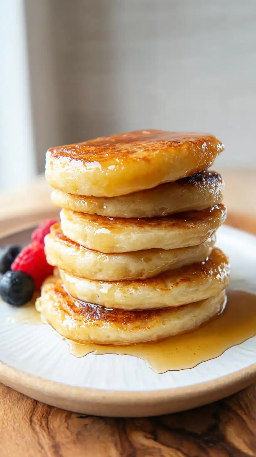 A stack of fluffy cottage cheese protein pancakes drizzled with syrup and garnished with berries.