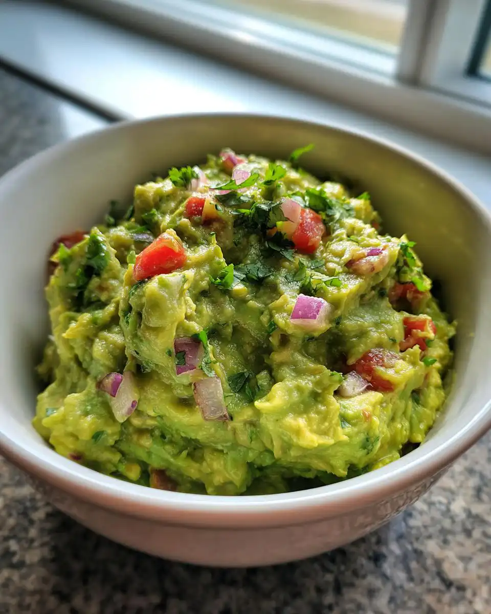Close-up of a bowl of Foolproof Fresh Guacamole with Lime & Cilantro, topped with diced tomatoes, red onion, and cilantro.