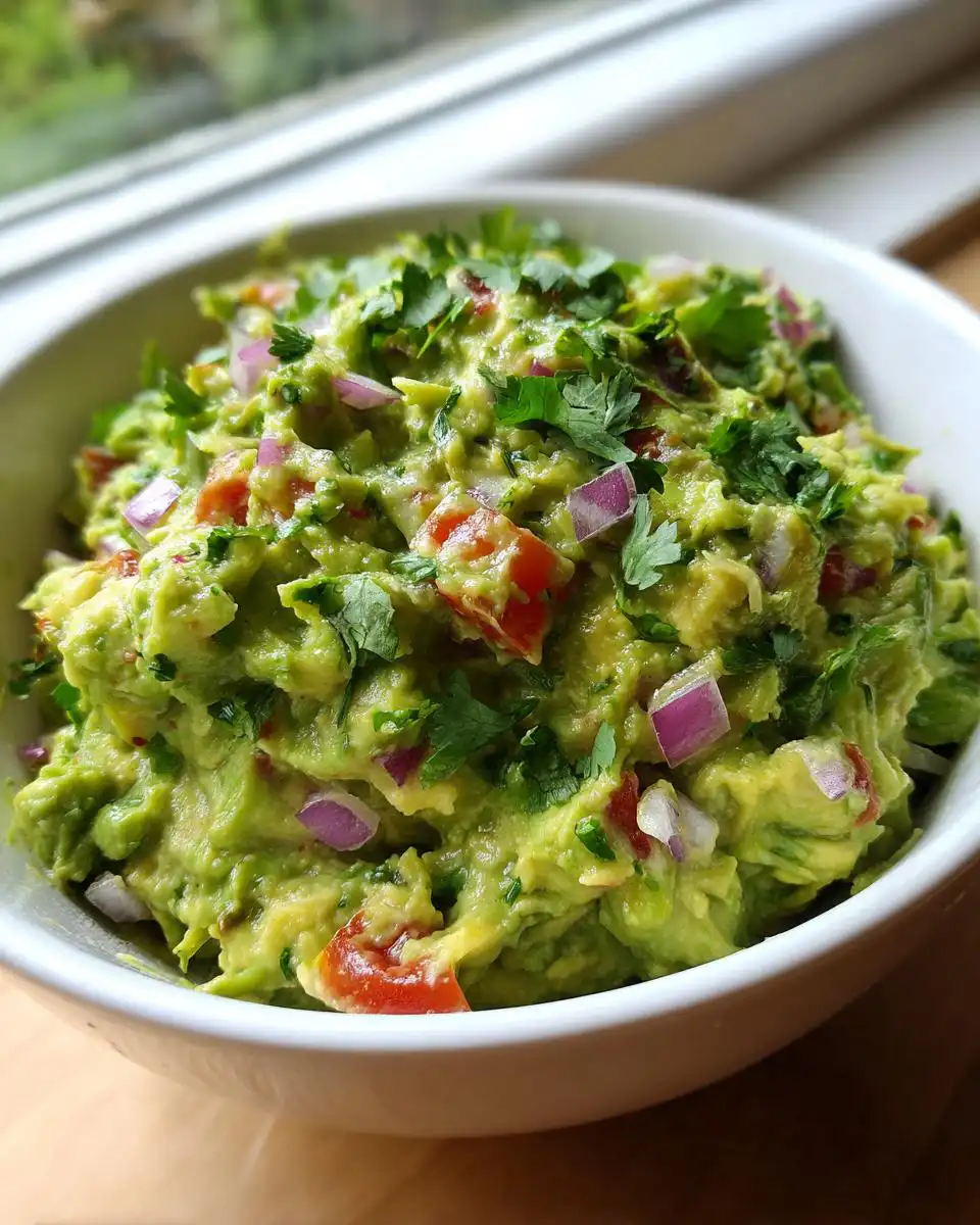 A close-up of a bowl of Foolproof Fresh Guacamole with Lime & Cilantro, showing chunky avocado, red onion, tomato, and cilantro.