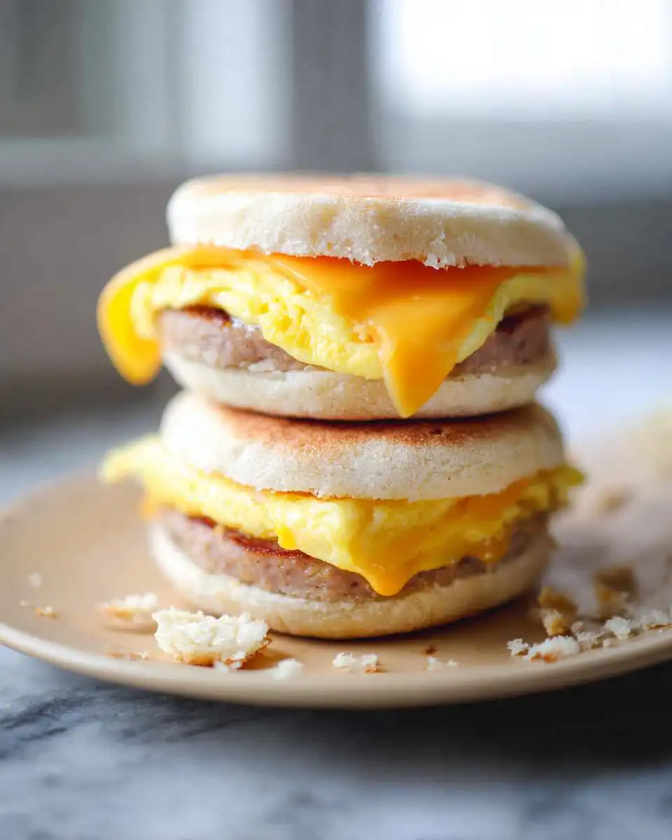 Two delicious freezer breakfast sandwiches stacked on a plate, featuring English muffins, sausage patties, scrambled eggs, and melted cheese.