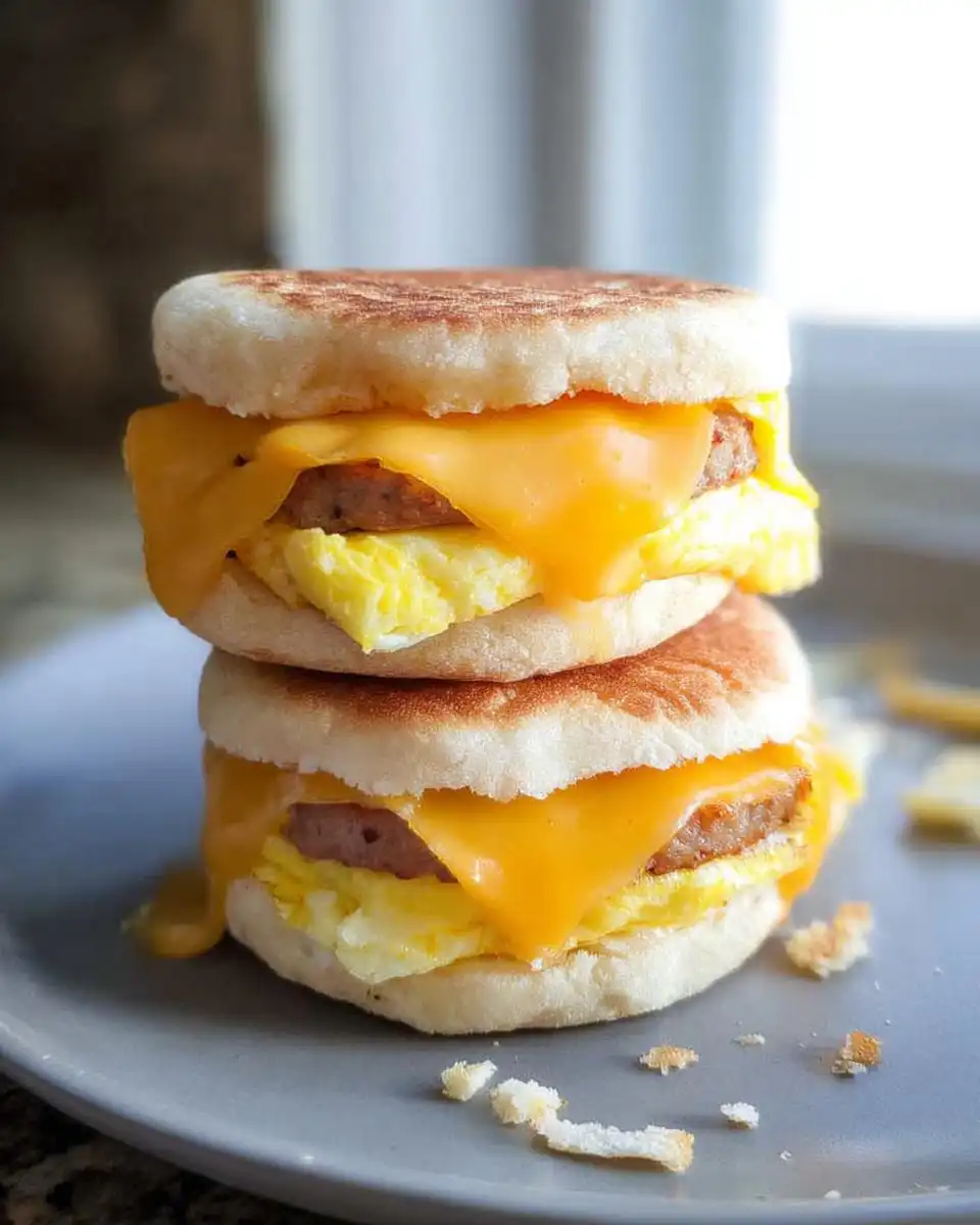 Two stacked freezer breakfast sandwiches made with English muffins, sausage patties, scrambled eggs, and melted cheese.
