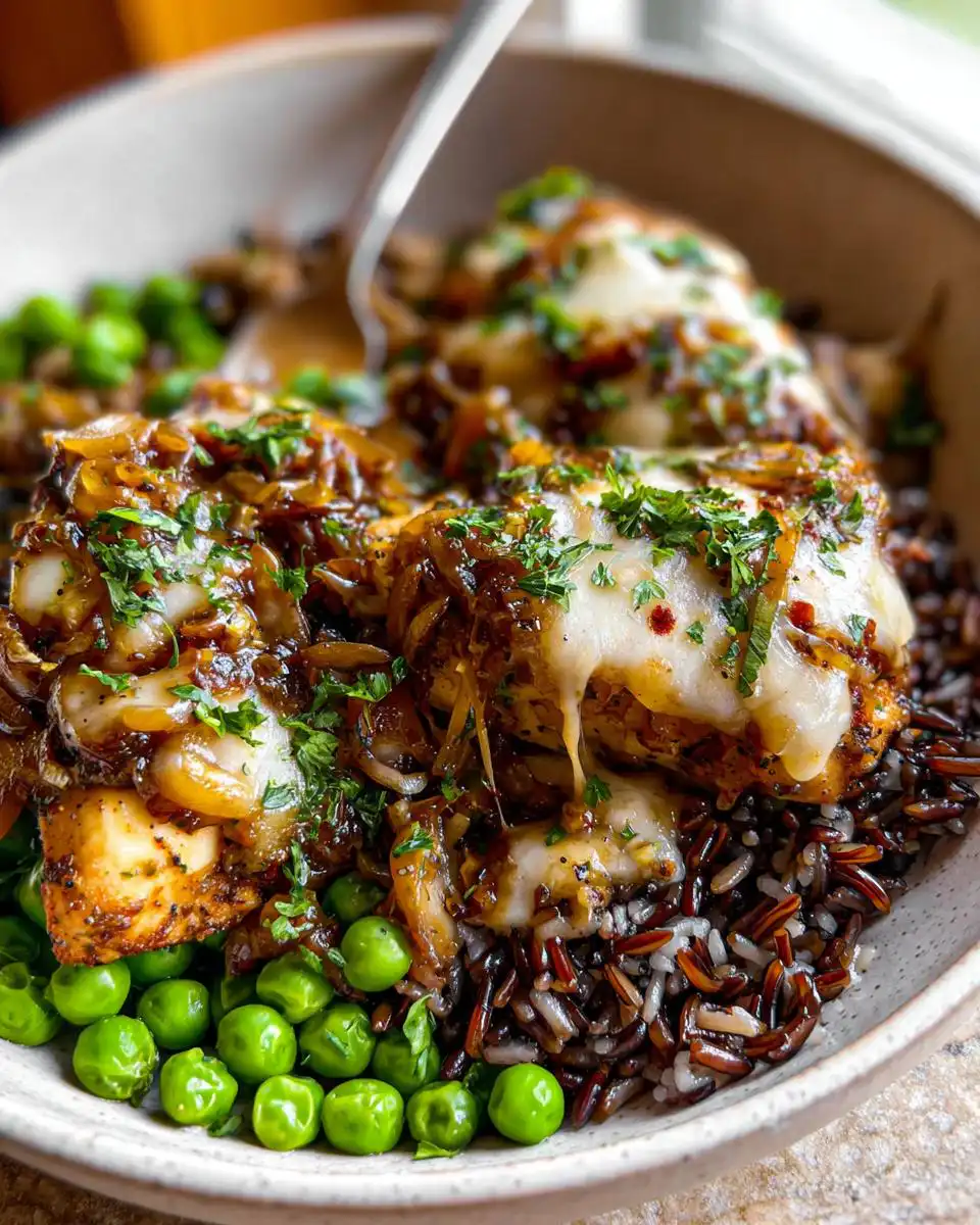 A bowl of French Onion Chicken Recipe served over wild rice with bright green peas, topped with melted cheese and herbs.