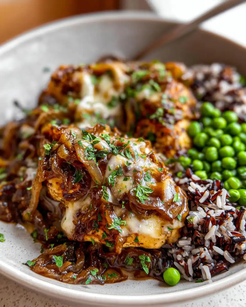 Close-up of French Onion Chicken Recipe with melted cheese, caramelized onions, rice, and peas.