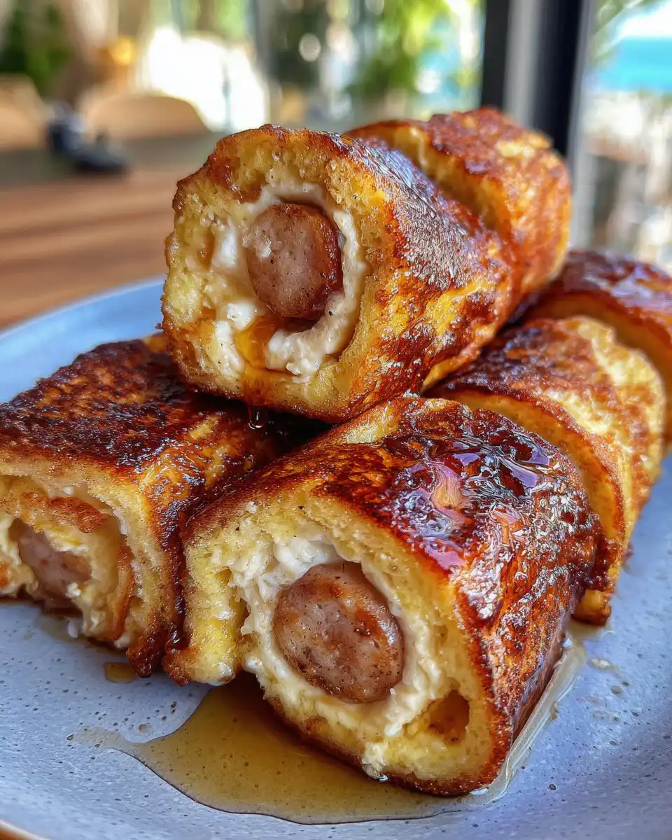 Close-up of golden-brown French Toast Roll Ups filled with sausage and cream cheese, drizzled with syrup.