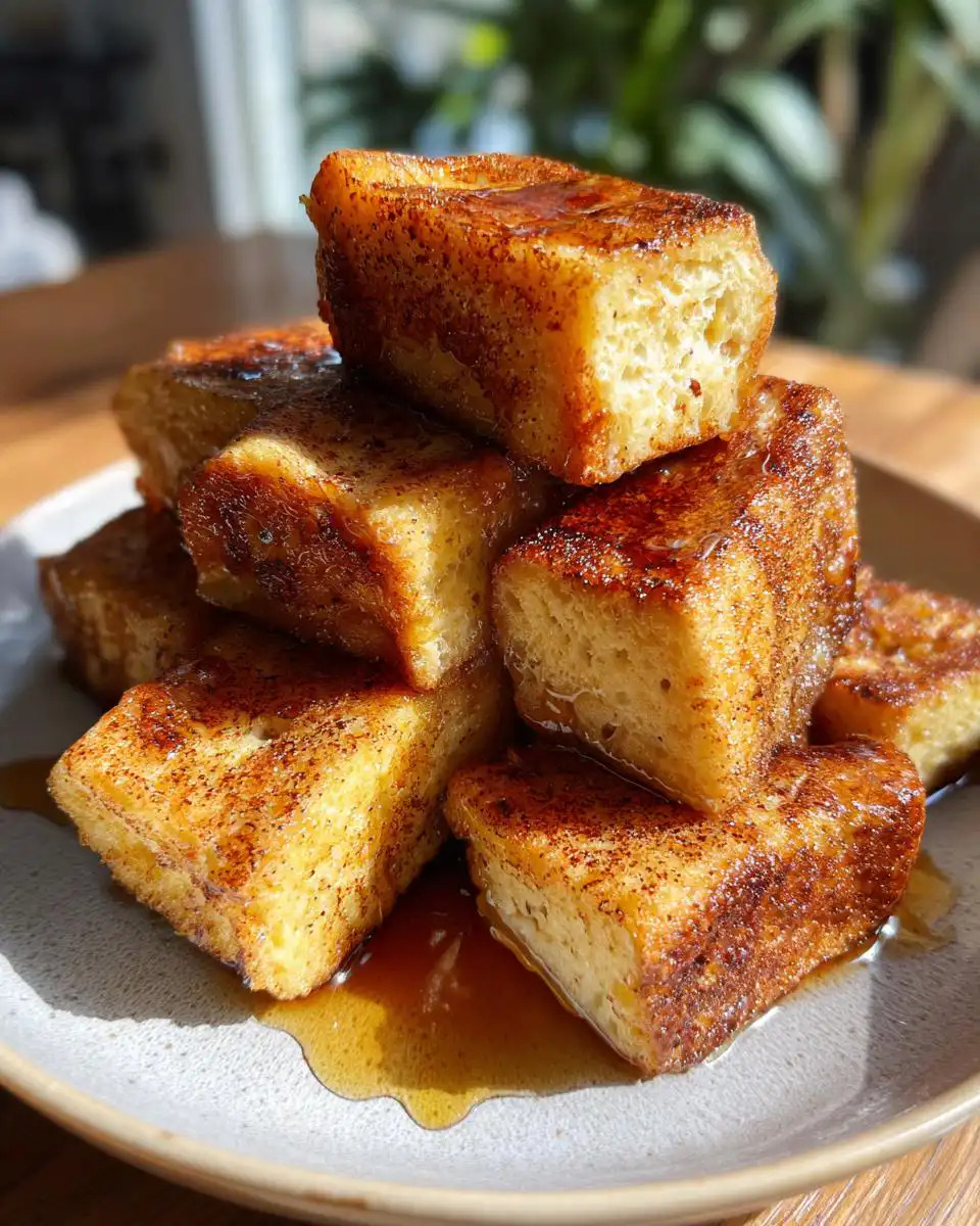 A stack of golden brown French Toast Roll Ups, dusted with cinnamon and drizzled with syrup.