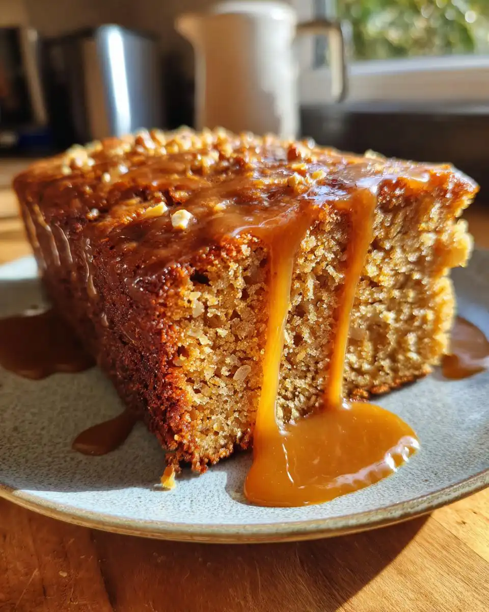 A slice of Fresh Apple Cake with Caramel Sauce, topped with nuts and drizzled with caramel.