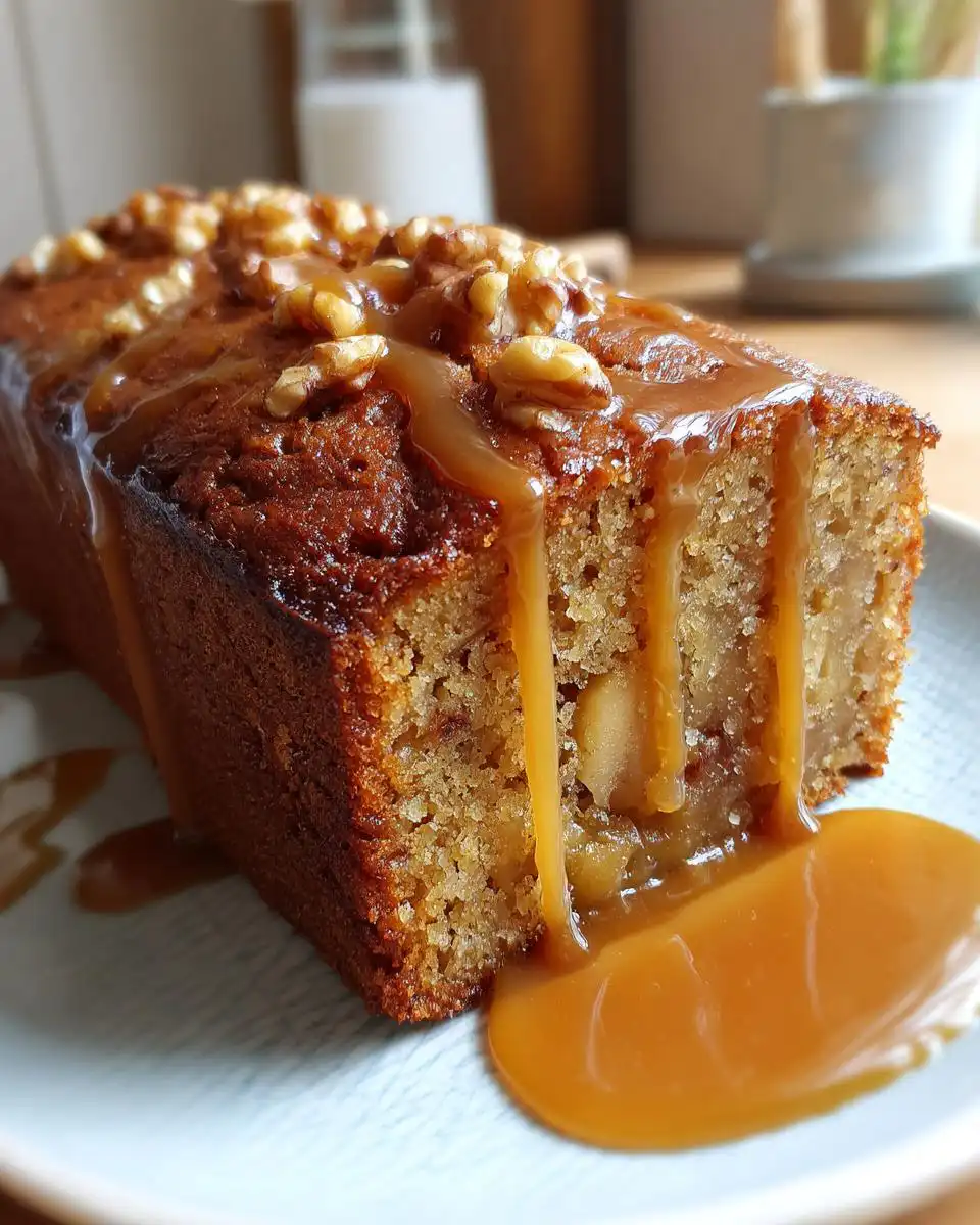 A slice of Fresh Apple Cake with Caramel Sauce, topped with walnuts and a generous caramel drizzle.
