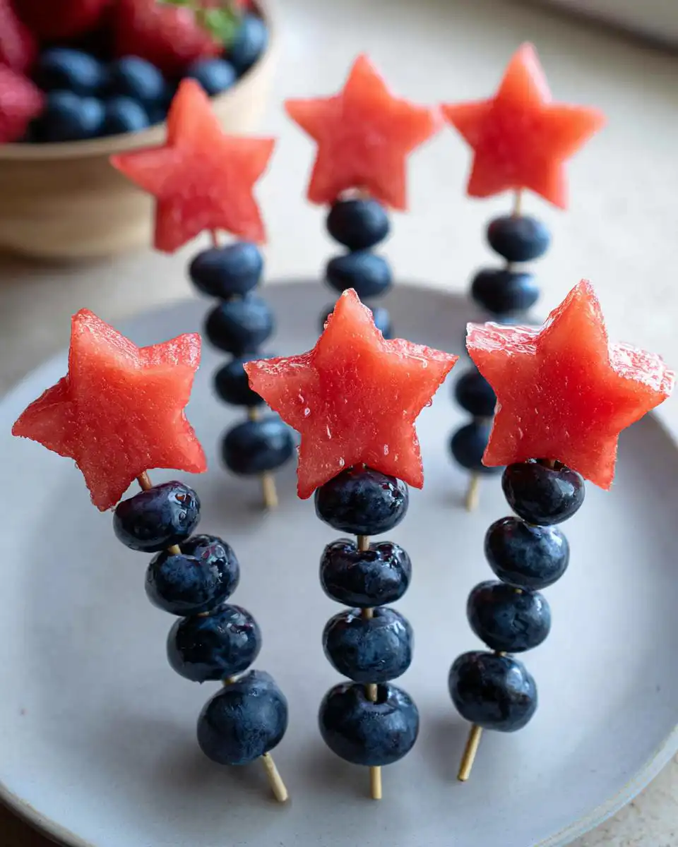 Close-up of delicious fruit sparklers made with watermelon stars and blueberries on skewers.