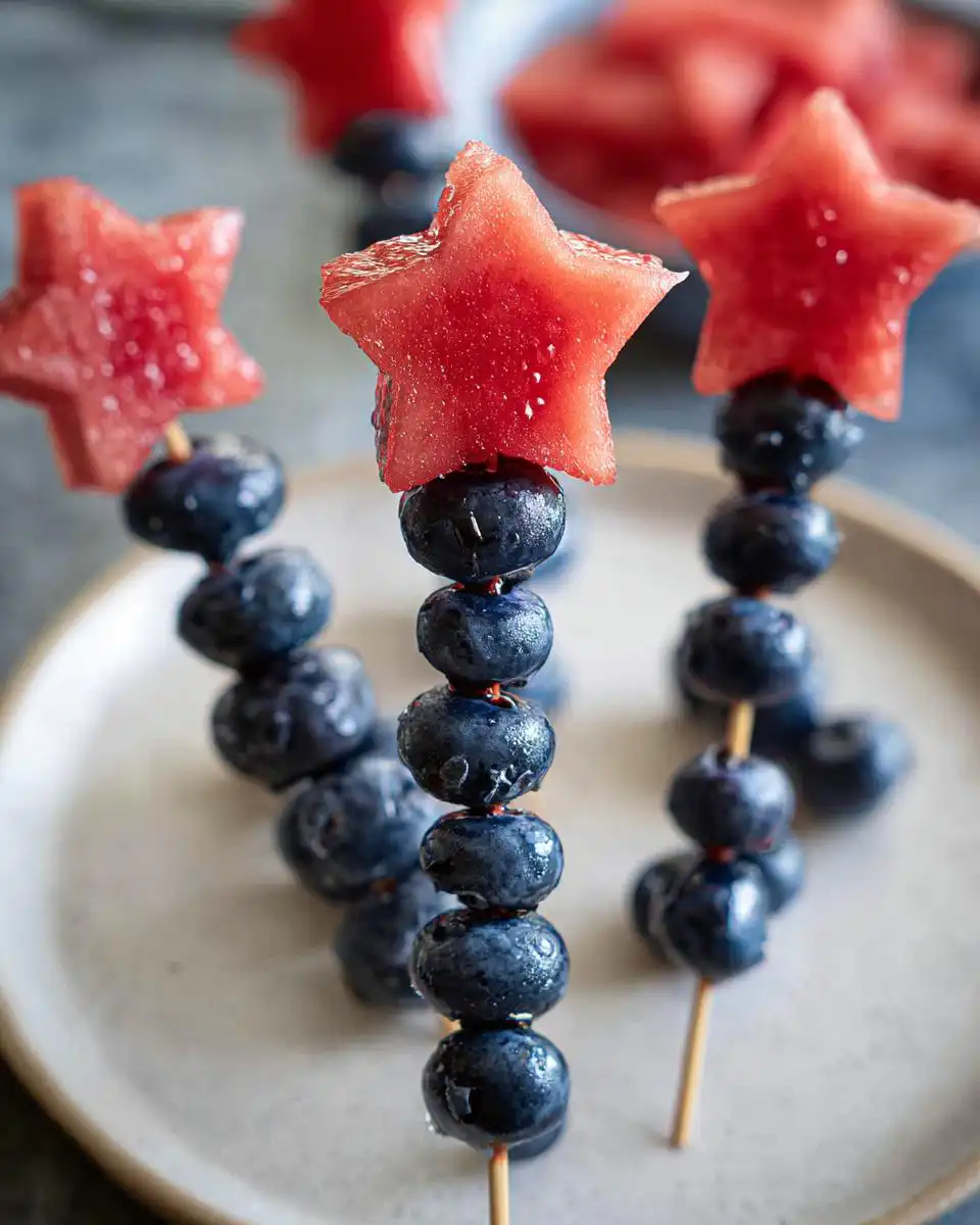 Close-up of fruit sparklers with blueberries and star-shaped watermelon pieces.