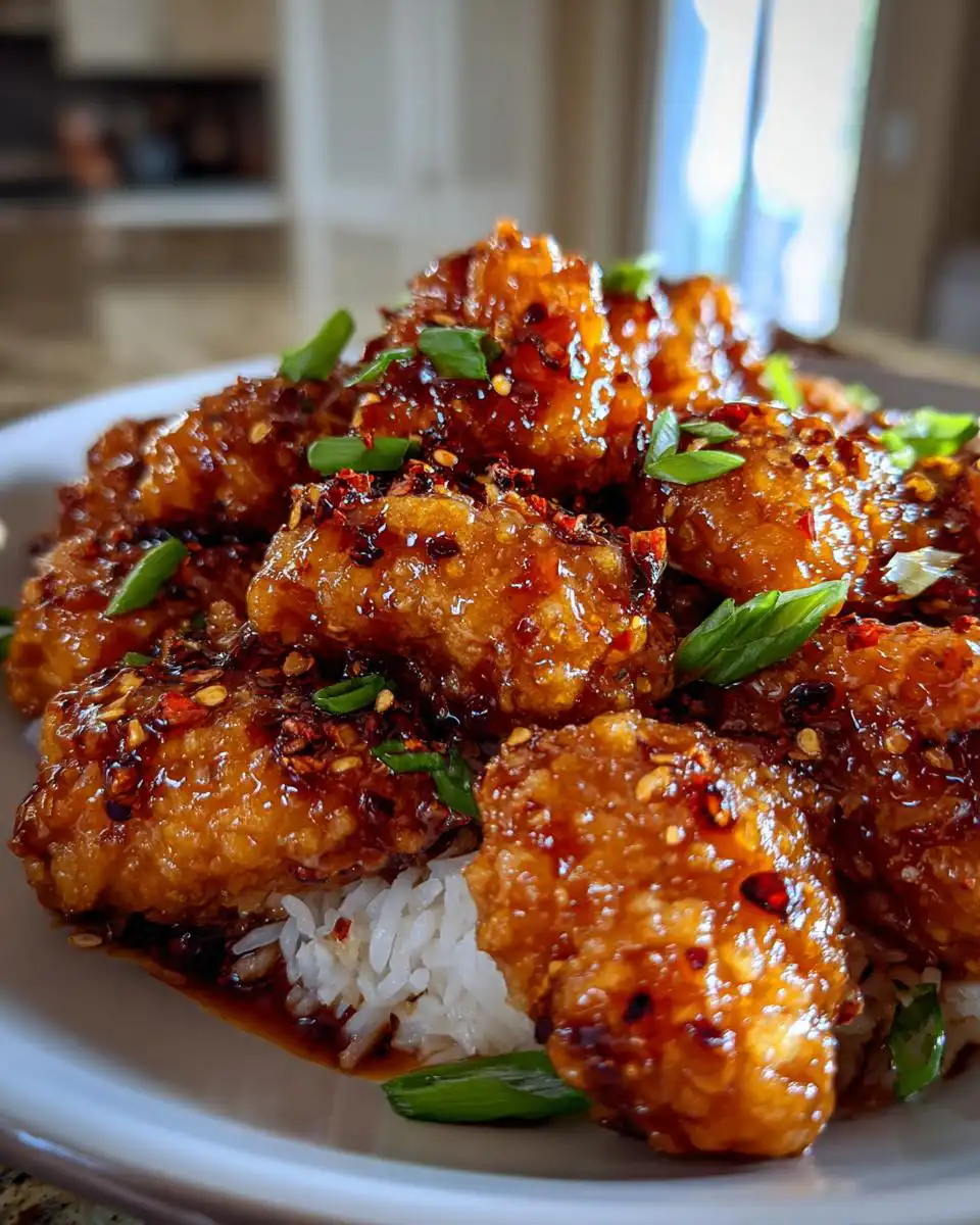 A close-up of crispy General Tso's chicken pieces coated in a glossy sauce, served over white rice and garnished with green onions and chili flakes.