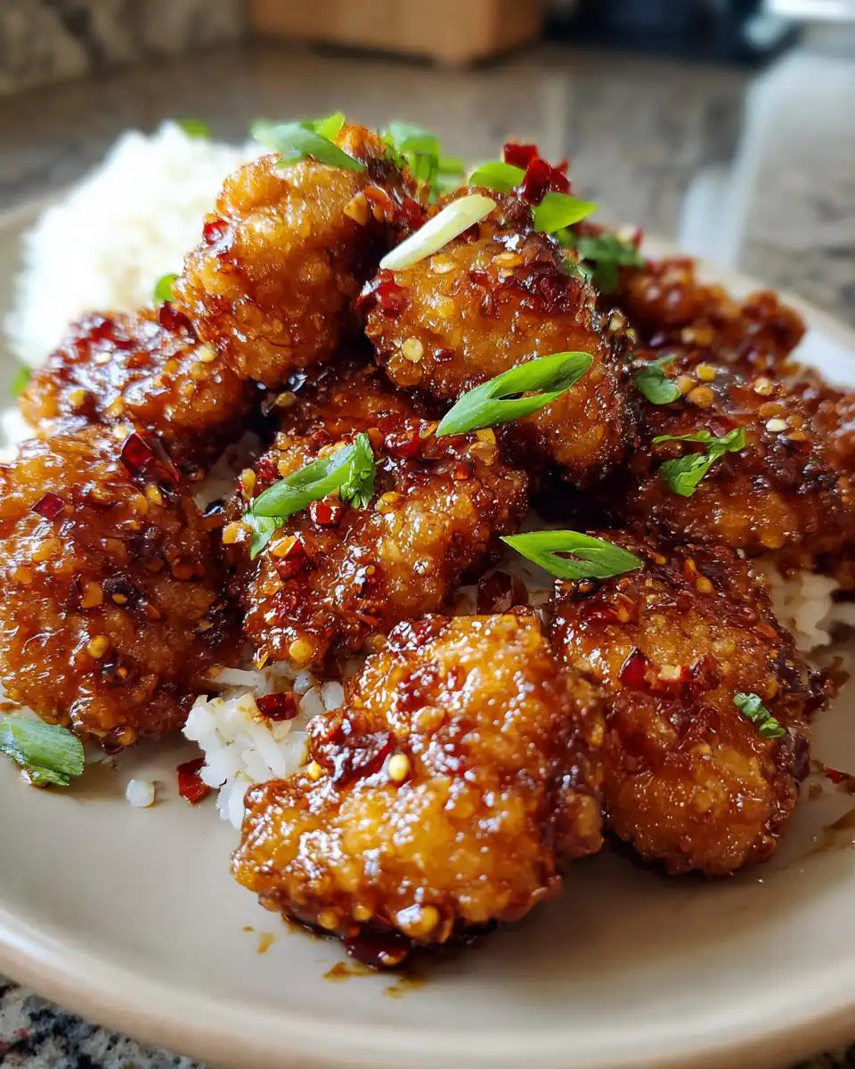 A close-up of crispy General Tso's chicken pieces coated in a glossy sauce, served over white rice and garnished with green onions and chili flakes.