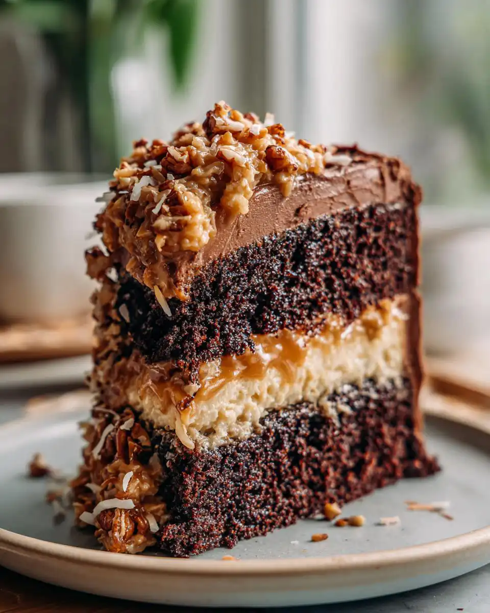 A decadent slice of German Chocolate Cake with layers of rich chocolate cake, creamy filling, and coconut-pecan frosting.