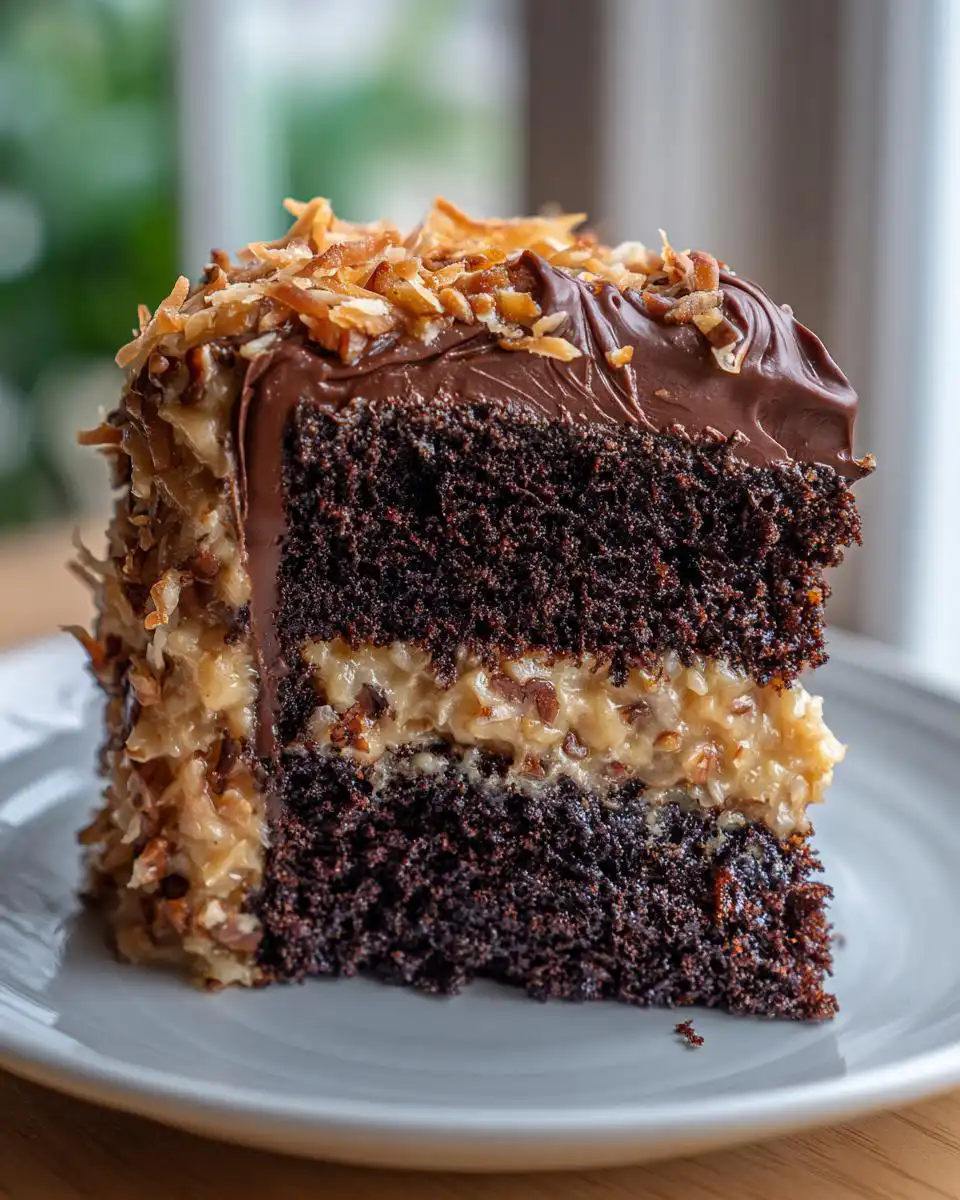 A slice of moist German Chocolate Cake with rich chocolate frosting and coconut-pecan filling.