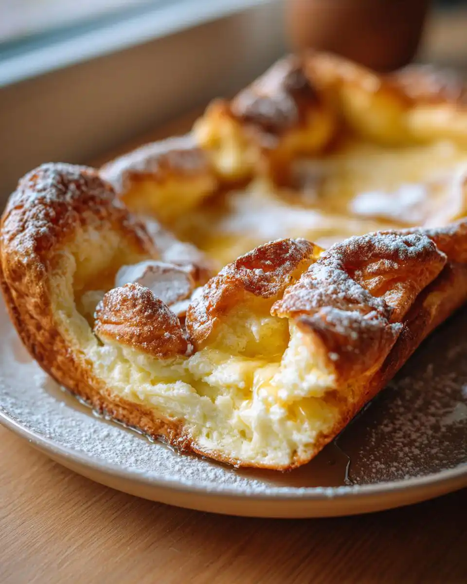 A close-up of a golden-brown German pancake, dusted with powdered sugar and drizzled with syrup.