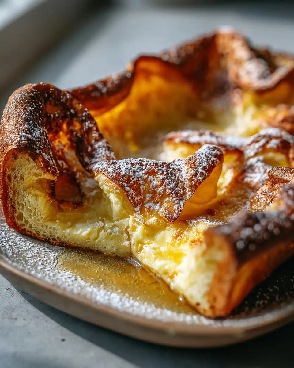 Close-up of a golden-brown German pancake, dusted with powdered sugar and drizzled with syrup.