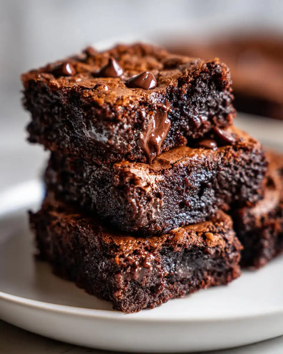 A stack of gooey double chocolate brownie bars topped with melted chocolate chips.