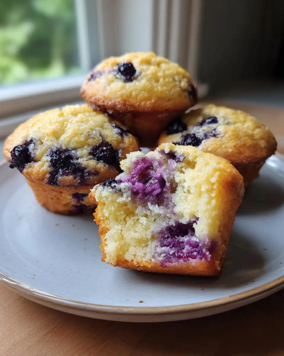 Close-up of moist Greek Yogurt Blueberry Muffins, with one muffin broken open to reveal juicy blueberries.