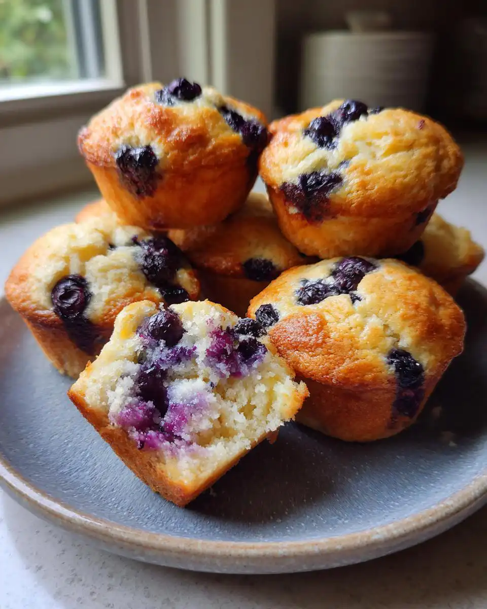 Close-up of moist Greek Yogurt Blueberry Muffins, with one muffin broken in half to show the fluffy interior and bursts of blueberries.