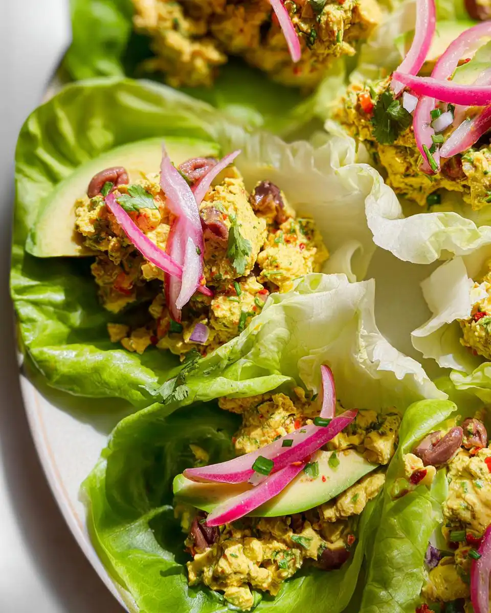 Close-up of Greek Yogurt Chicken Salad Lettuce Wraps topped with avocado, red onion, and olives.