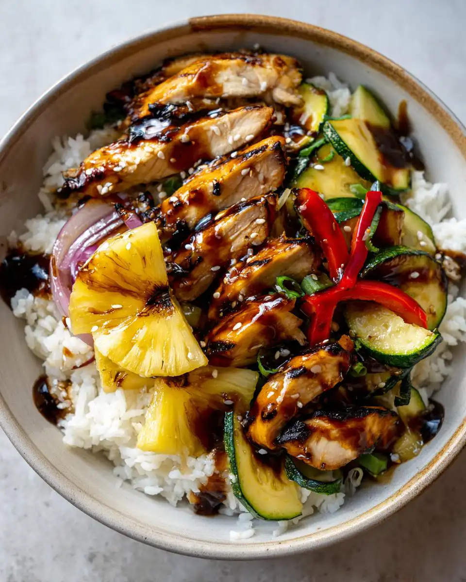 Close-up of Grilled Hawaiian Chicken Teriyaki Bowls with rice, grilled chicken, pineapple, zucchini, and red chili.
