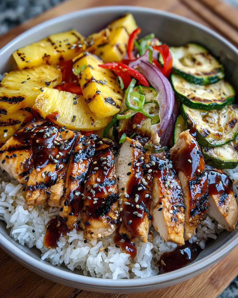 Close-up of Grilled Hawaiian Chicken Teriyaki Bowls, featuring sliced chicken, rice, grilled pineapple, zucchini, and red onion with teriyaki sauce.