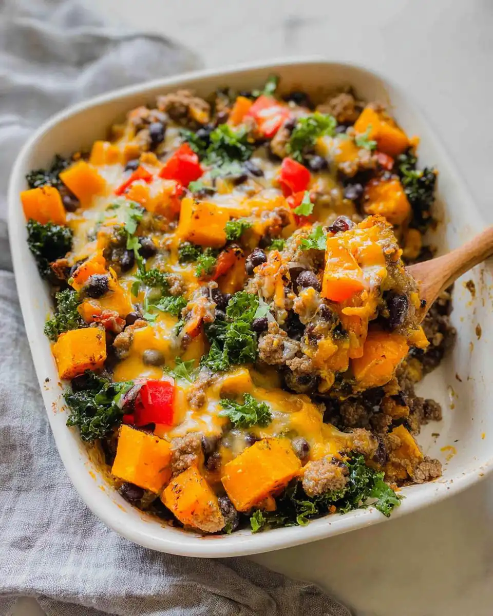 A scoop of Ground Beef Butternut Squash Casserole being lifted from a white baking dish, showing chunks of squash, ground beef, black beans, and melted cheese.
