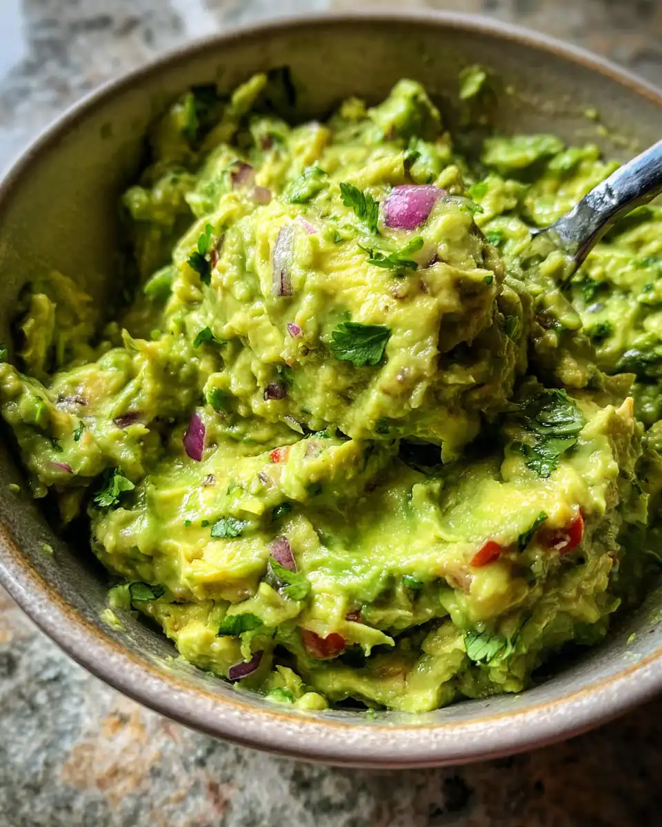 Close-up of a bowl filled with The Only Guacamole Recipe You’ll Ever Need, showing chunks of avocado, red onion, cilantro, and chili.