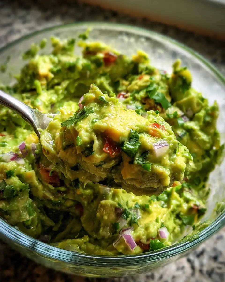A spoonful of The Only Guacamole Recipe You’ll Ever Need, showing chunky avocado, red onion, and cilantro.