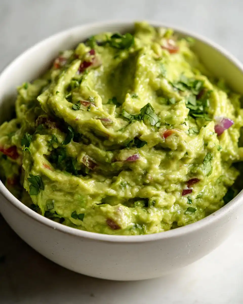 Close-up of a bowl filled with chunky Healthy Avocado Dip, garnished with fresh cilantro and red onion.