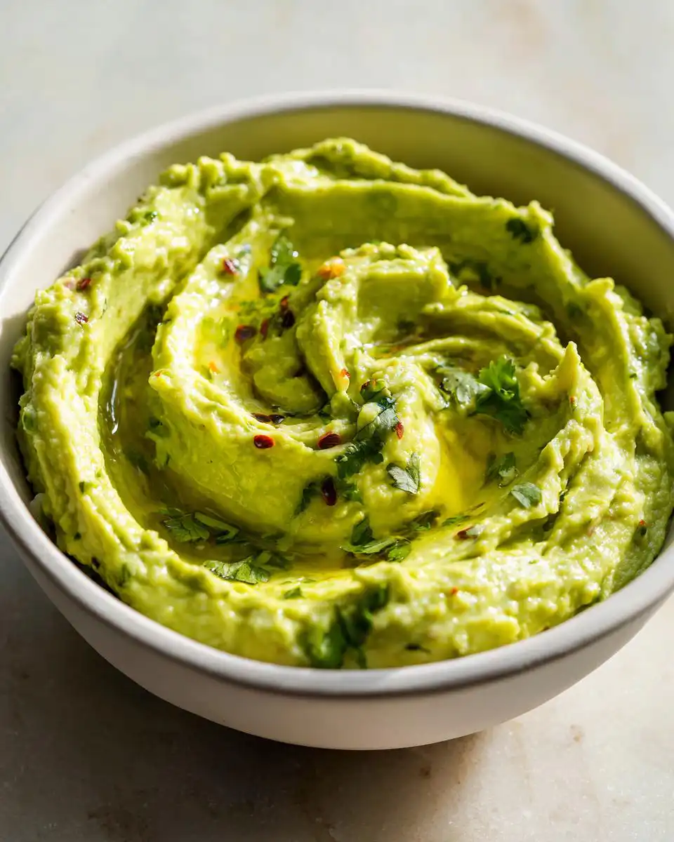 A close-up of creamy Healthy Avocado Dip in a bowl, garnished with fresh cilantro and red chili flakes.