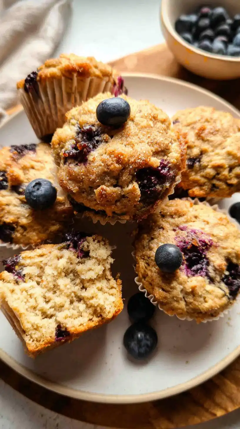 A close-up of Healthy Blueberry Banana Protein Muffins, with one muffin cut in half to show the texture and blueberries.
