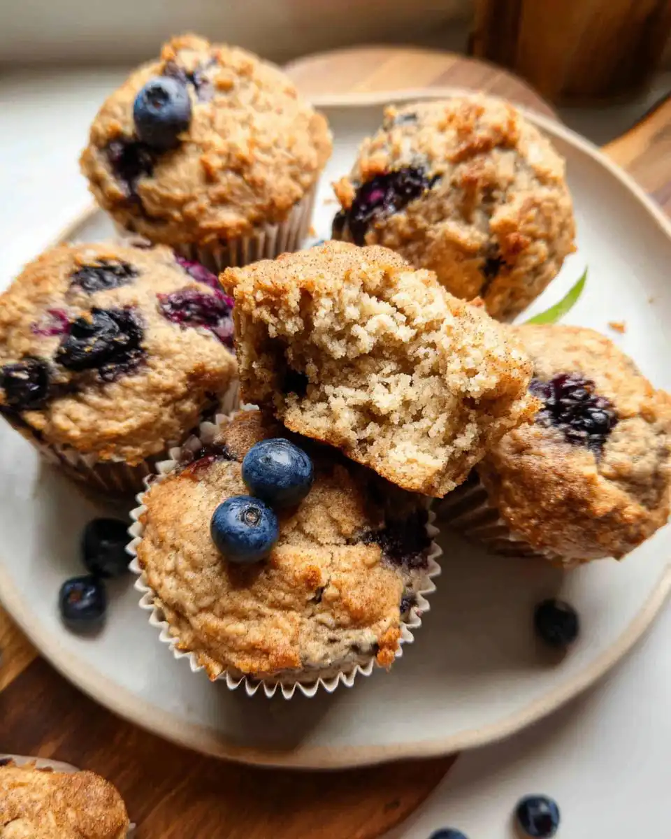 A plate of Healthy Blueberry Banana Protein Muffins, one broken in half to show the texture and blueberries.