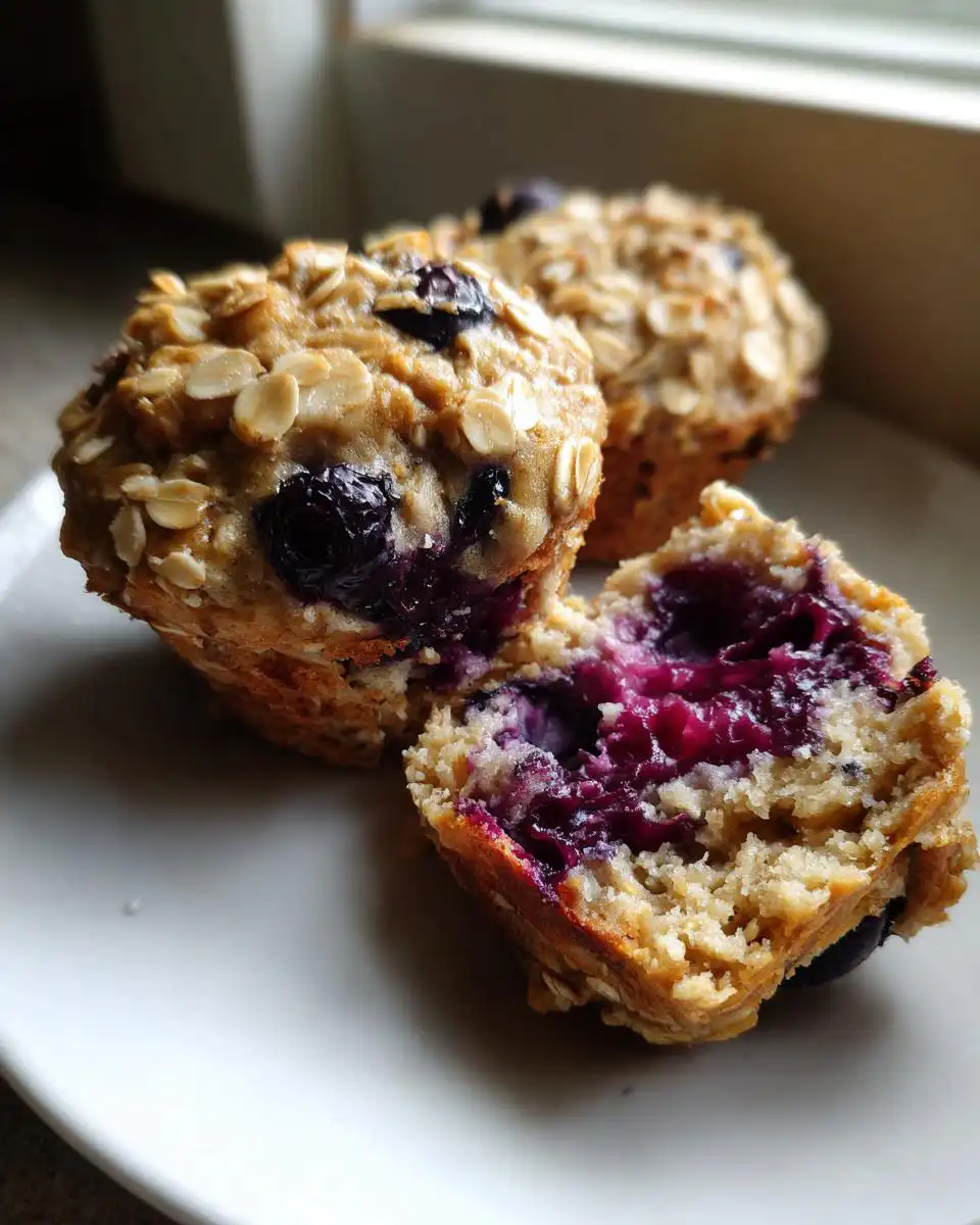 Close-up of healthy blueberry muffins with oats and yogurt, one muffin is halved revealing juicy blueberries.