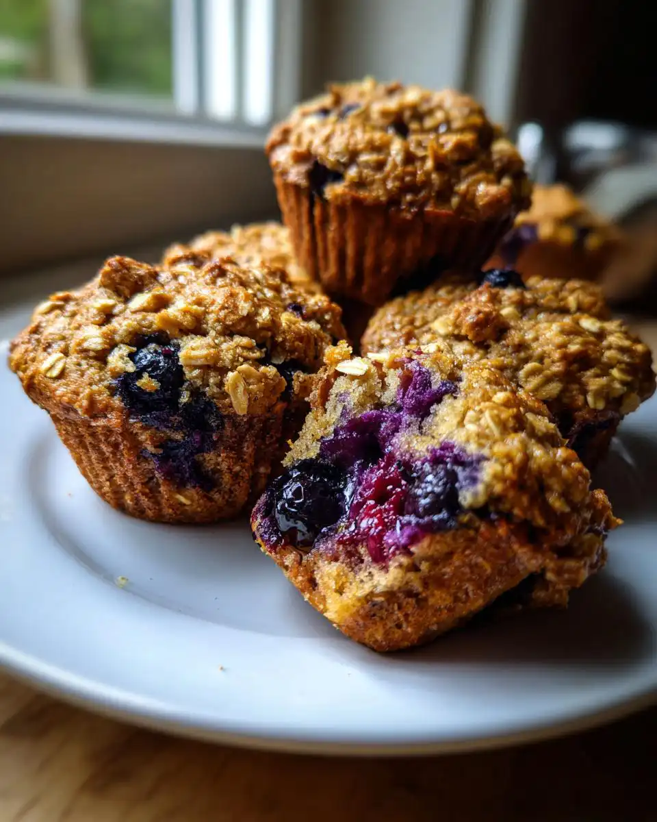 Close-up of a plate of healthy blueberry muffins with oats and yogurt, one muffin is broken open revealing blueberries.