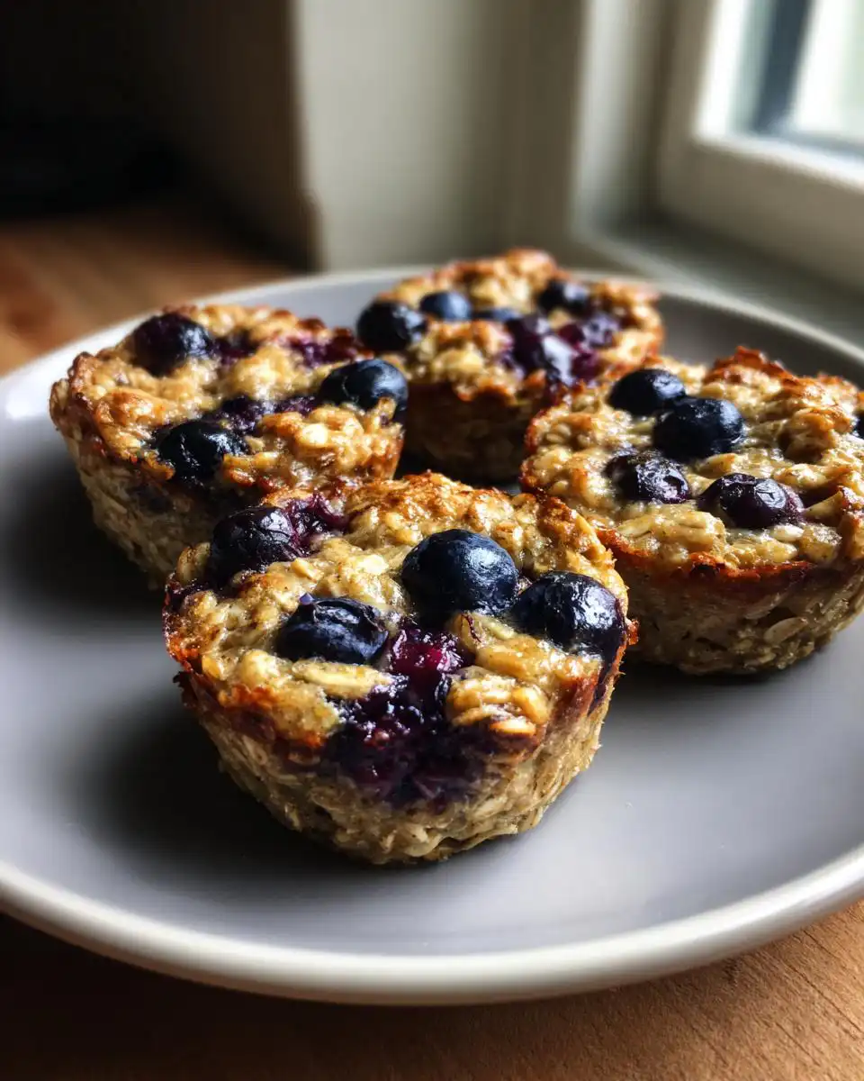 Close-up of four Healthy Blueberry Oatmeal Breakfast Cups on a grey plate, topped with fresh blueberries.
