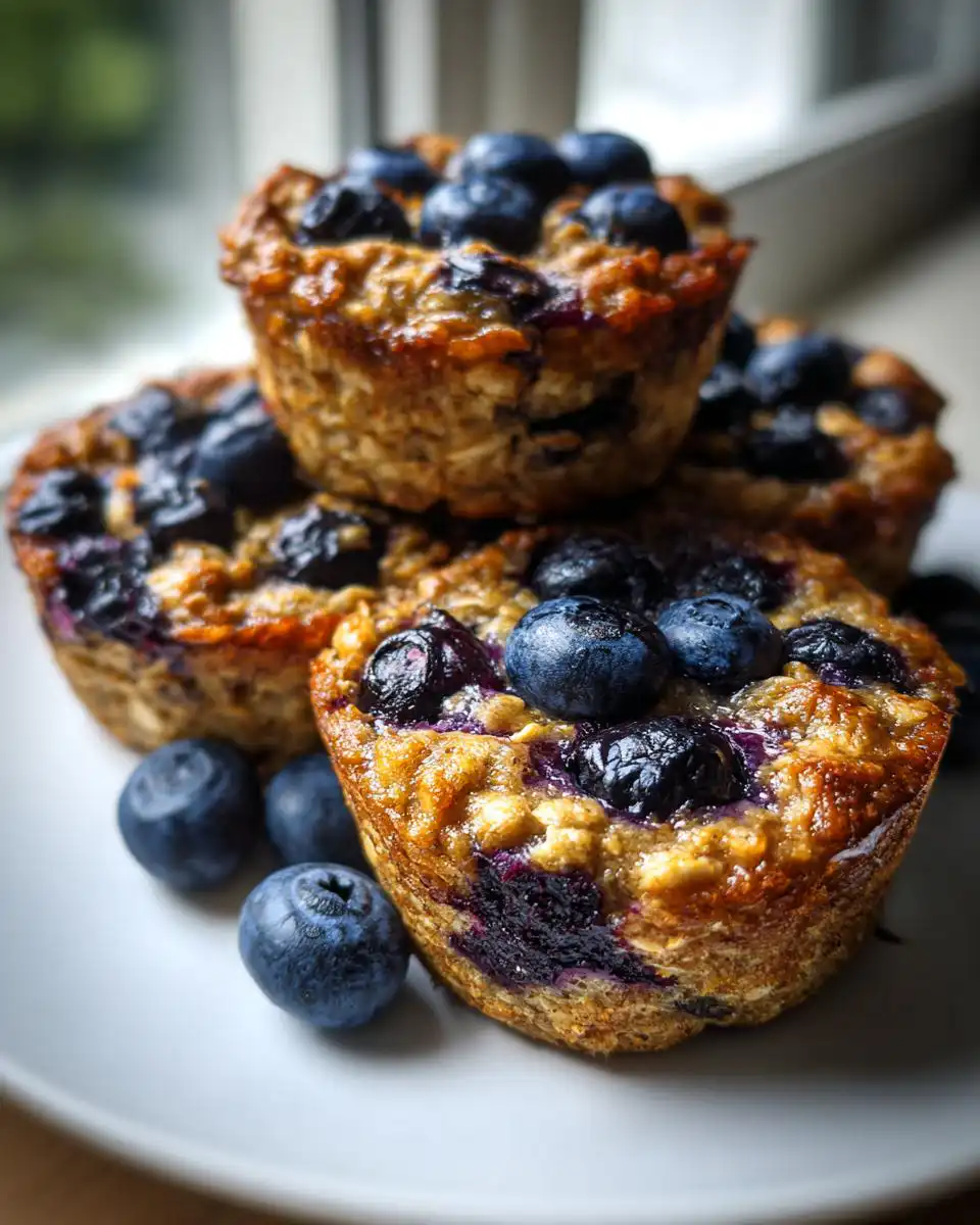 A close-up of a stack of Healthy Blueberry Oatmeal Breakfast Cups topped with fresh blueberries.