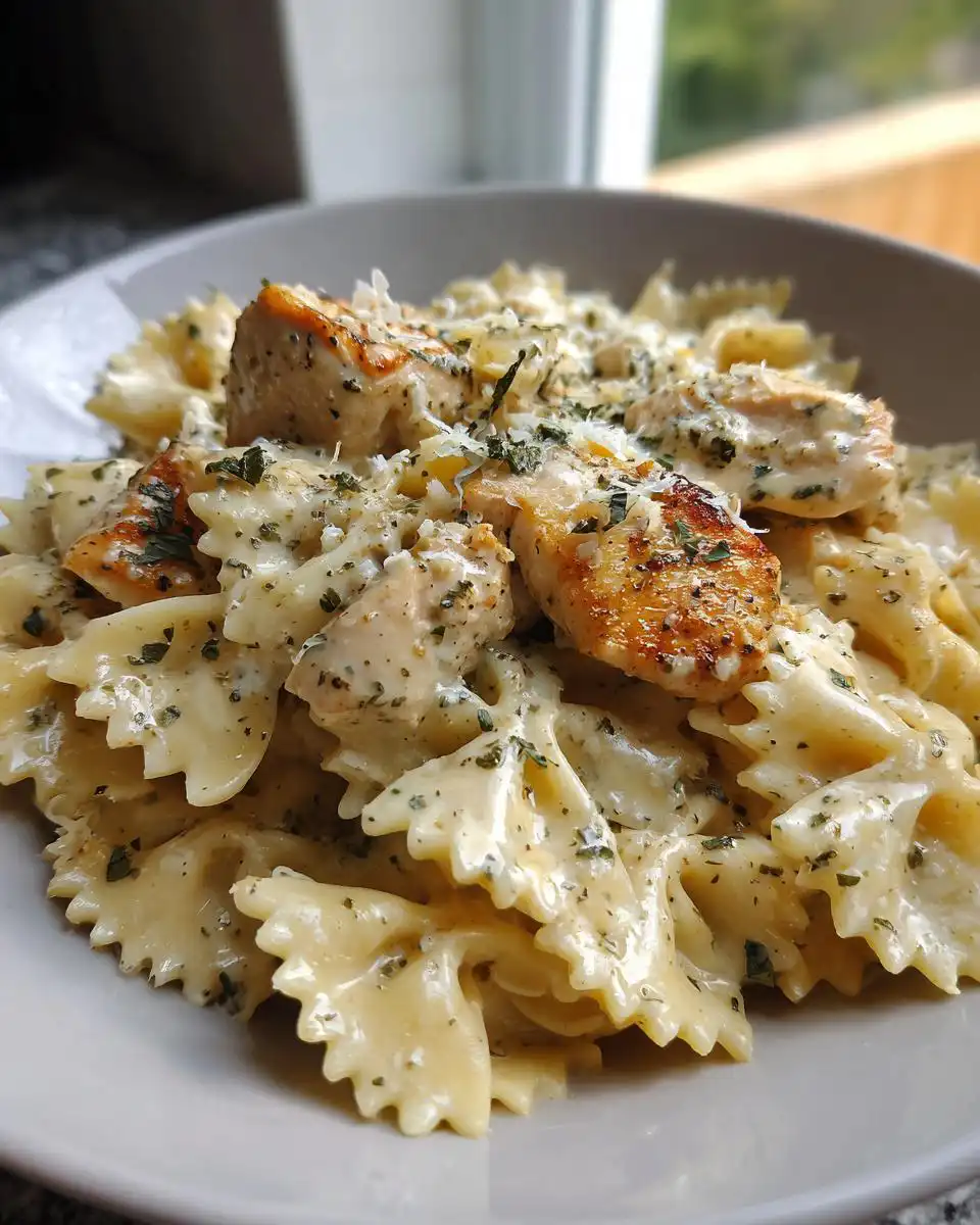 A close-up of healthy chicken alfredo pasta featuring farfalle noodles and grilled chicken pieces, topped with herbs and Parmesan.