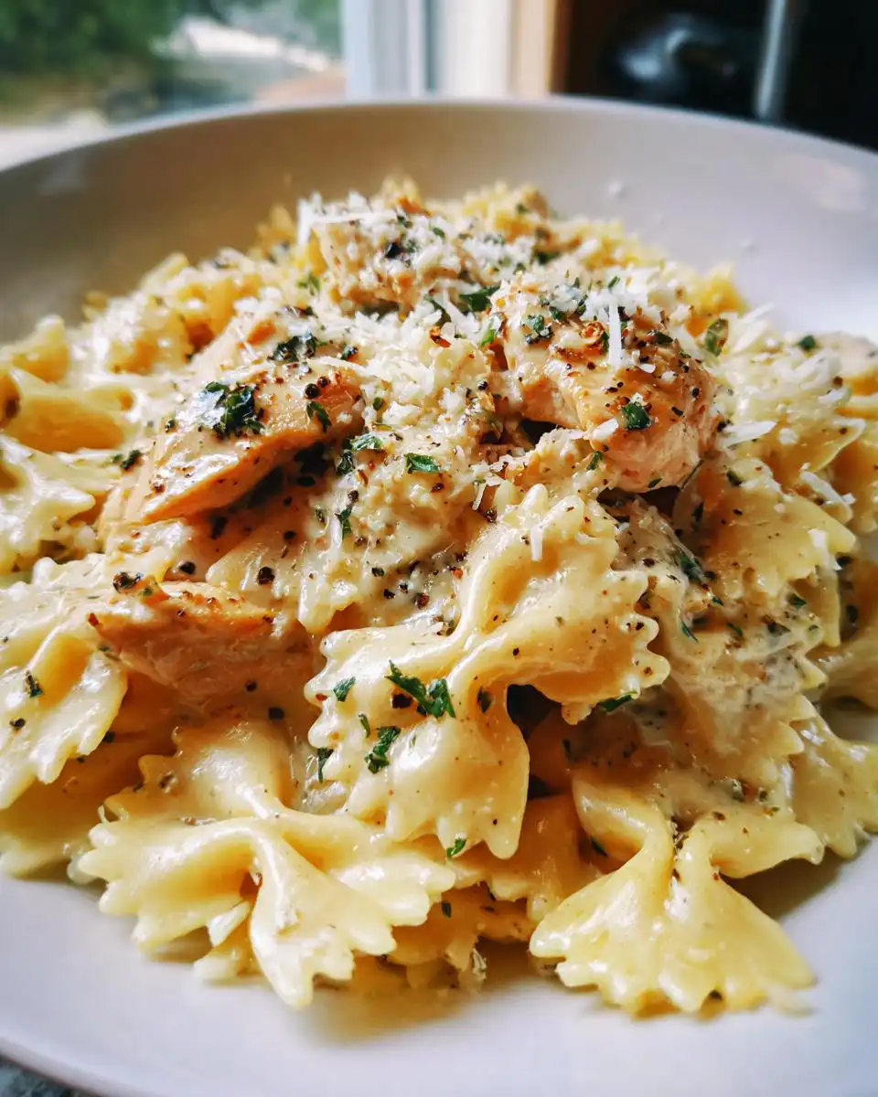 A close-up of a bowl of healthy chicken alfredo pasta featuring farfalle noodles, tender chicken pieces, and a creamy sauce, topped with parmesan and parsley.