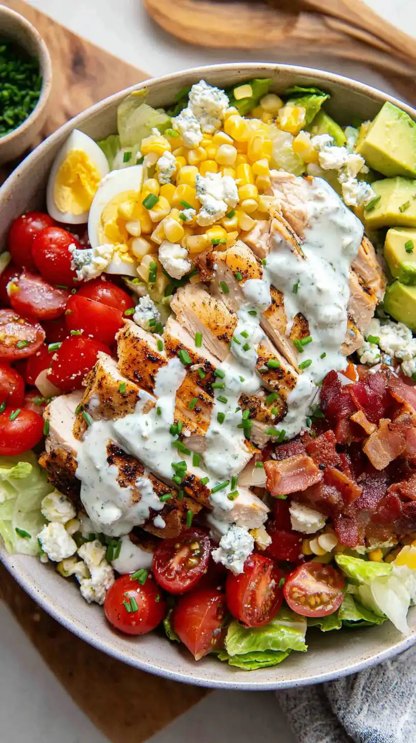 A delicious Healthy Chicken Cobb Salad with Avocado, featuring grilled chicken, bacon, tomatoes, corn, avocado, and blue cheese, drizzled with ranch.